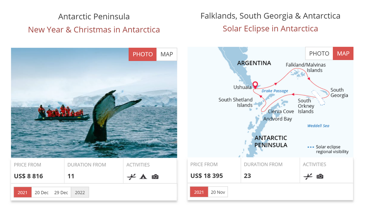 У Poseidon Expeditions есть туры на&nbsp;11&nbsp;дней с&nbsp;заходом только в&nbsp;Антарктиду и&nbsp;на&nbsp;21&nbsp;день с&nbsp;посещением Фолклендских островов