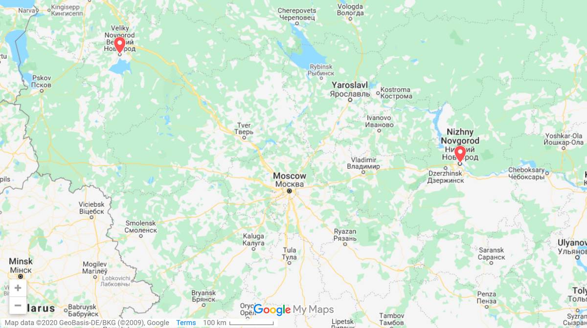 Великий Новгород находится между Санкт-Петербургом и Москвой. До Петербурга по трассе около 200&nbsp;км, до Москвы — 600