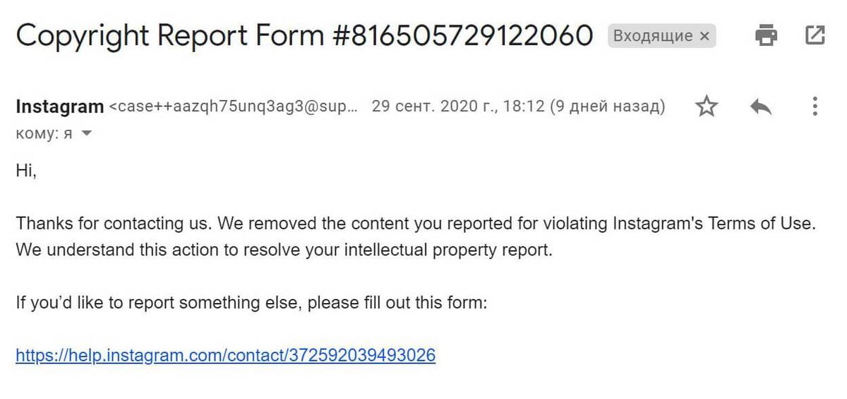 Так выглядит уведомление от «Инстаграма»*: жалобу на нарушение авторских прав удовлетворили и спорный контент удалили