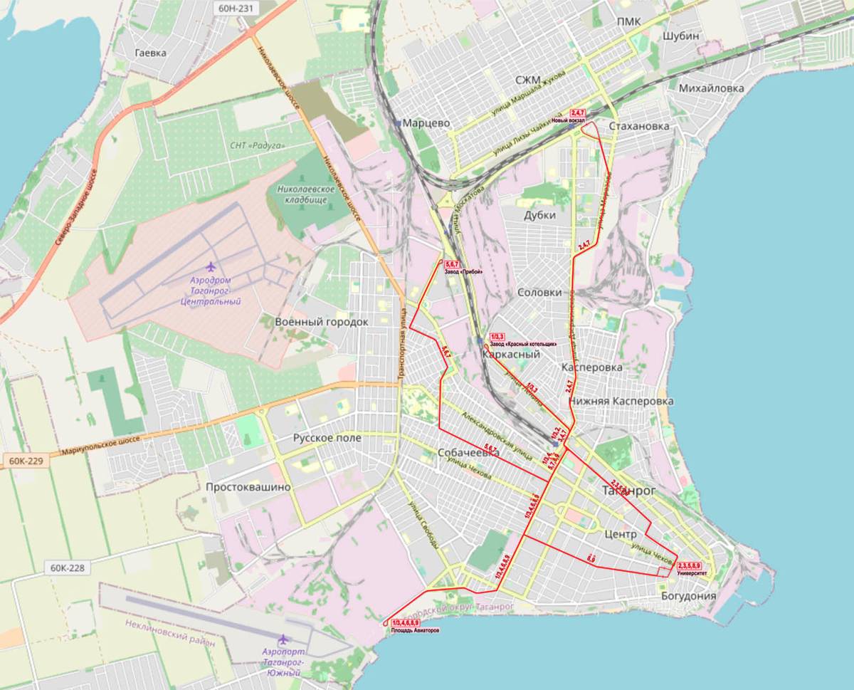 В Таганроге девять трамвайных маршрутов — на карте они выделены красным. На трамвае можно добраться до Старого и Нового вокзалов, исторического центра, радиотехнического университета и крупных предприятий