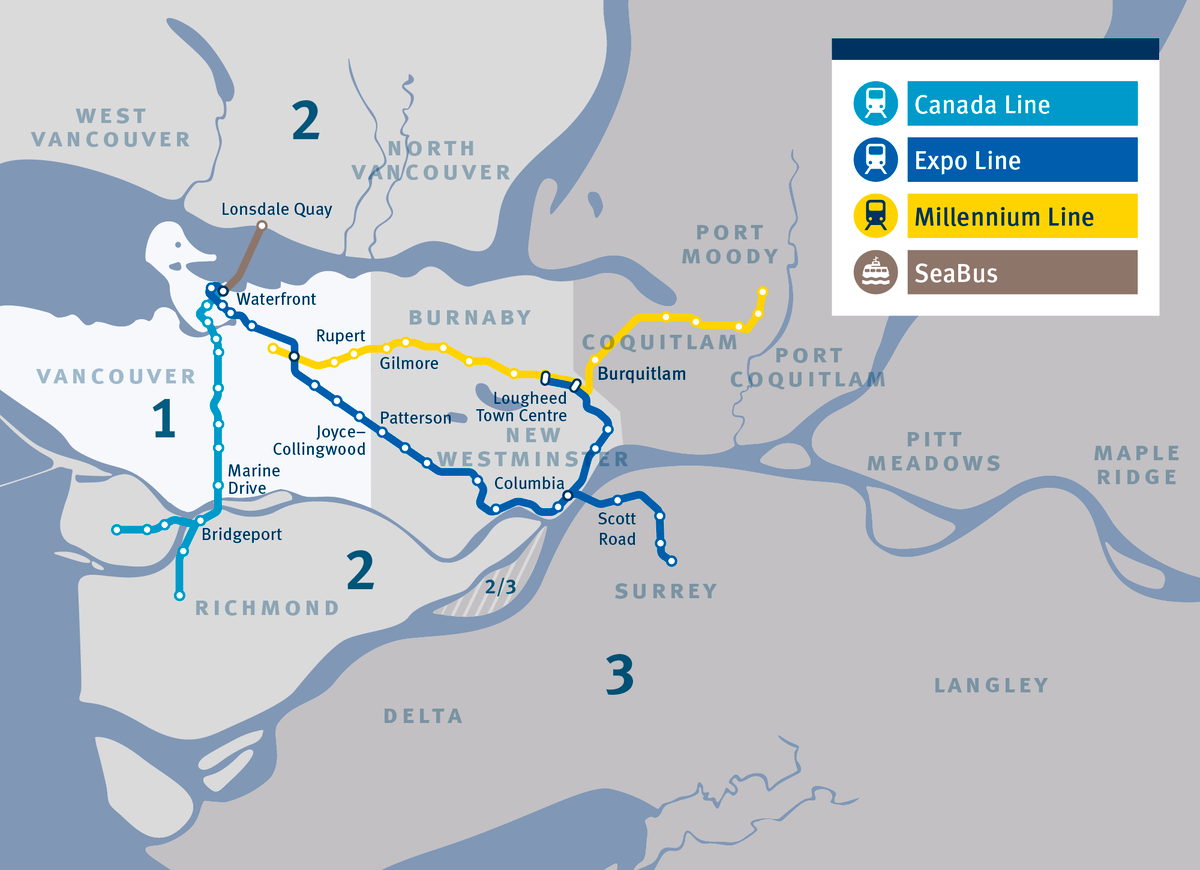 Тарифные зоны общественного транспорта в Ванкувере и его основные маршруты