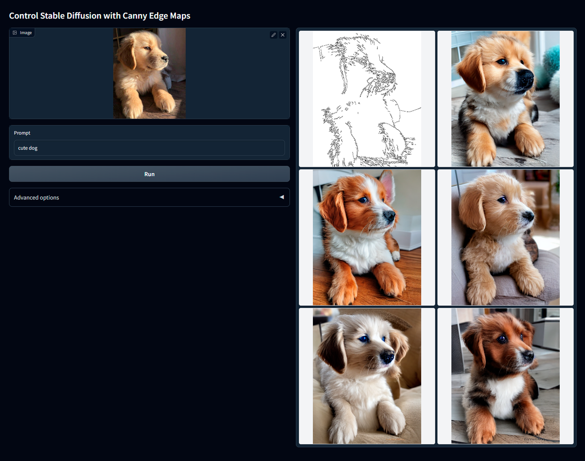Примеры генерации модели Canny. Тут изменяют породу собаки. Источник: github.com