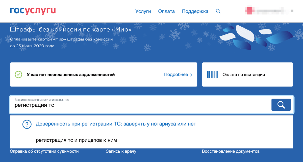 Чтобы найти услугу, в поле «Поиск» достаточно указать «Регистрация ТС»