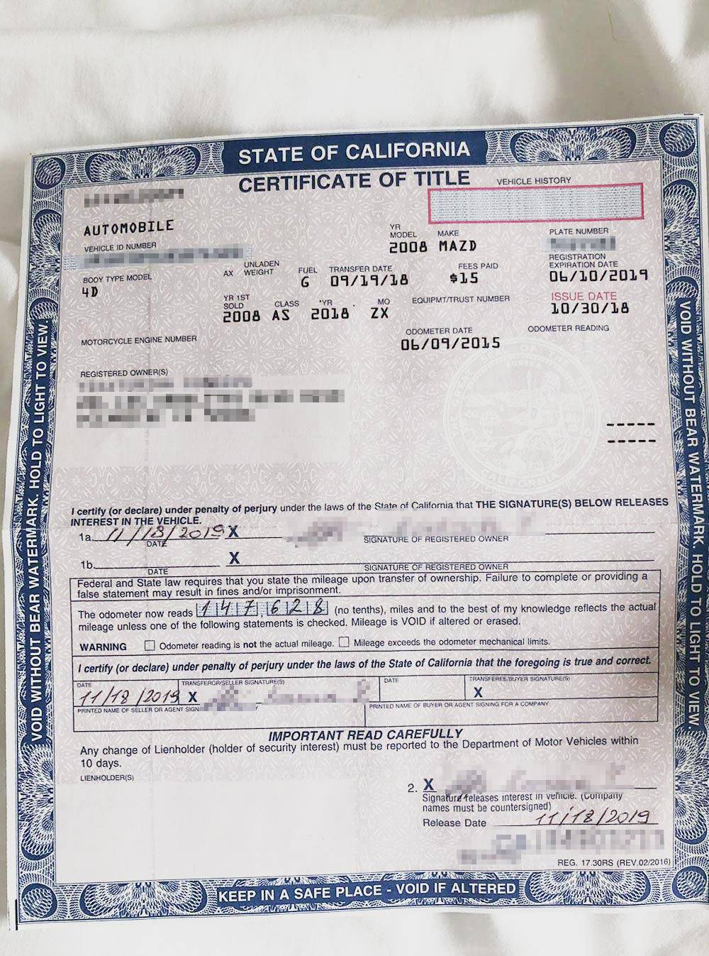 Certificate of title — аналог ПТС — на машину, который отдал мне продавец