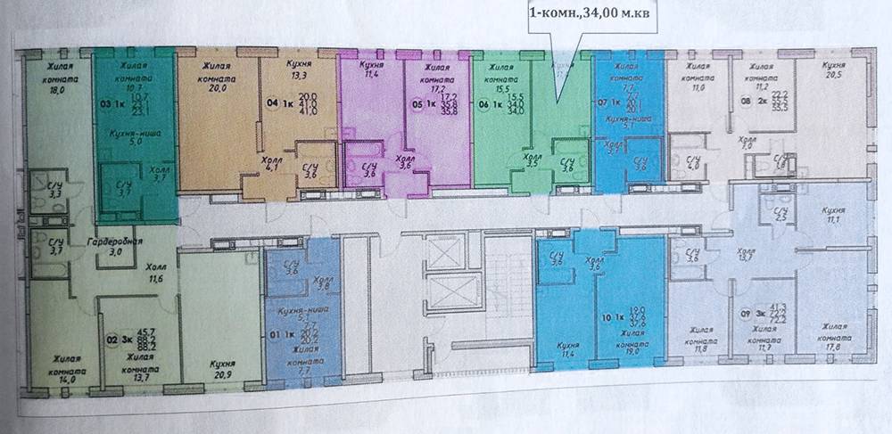 Моя квартира обозначена на схеме зеленым цветом. При&nbsp;небольшом метраже в 34 м² она вполне функциональная. Планировки у ПИК считаются одними из лучших на рынке. Они часто выжимают из метража все, что можно