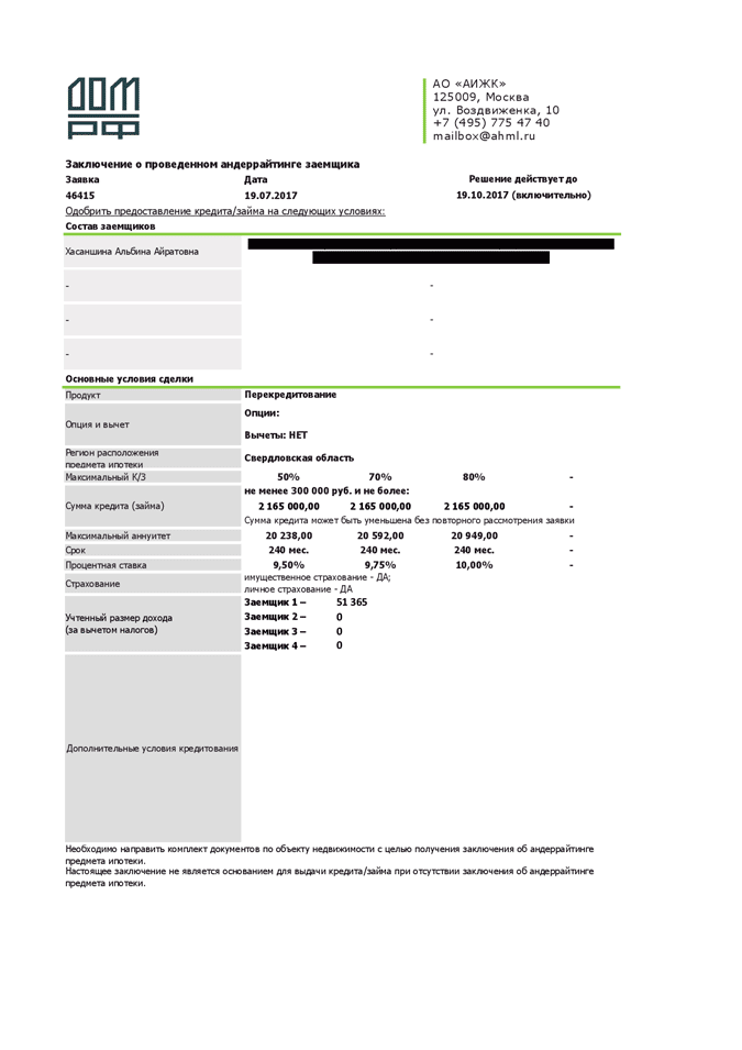 Заключение об одобрении кредита. У банка я попросила 65% стоимости квартиры под 9,75% годовых