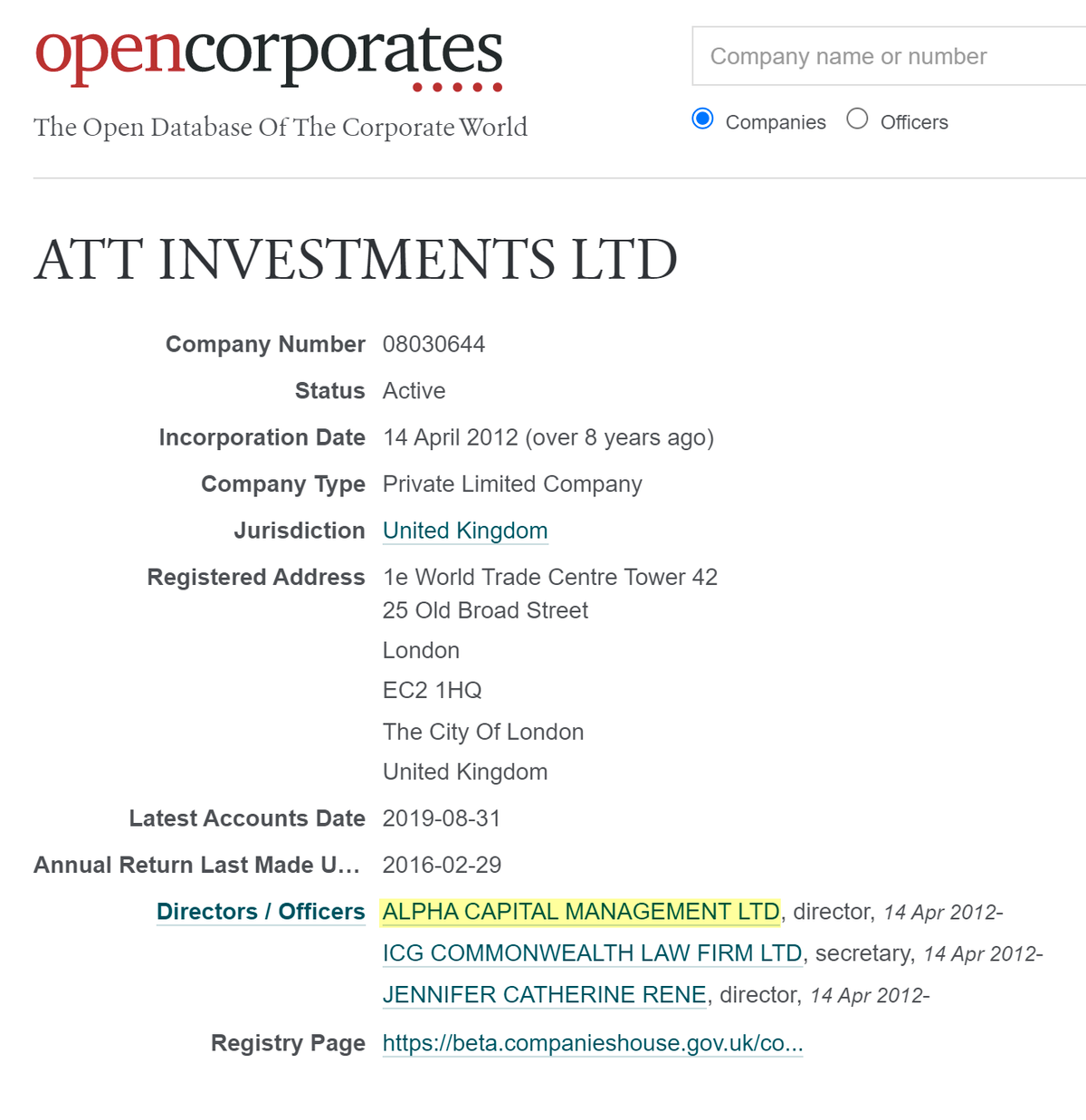 Сайт OpenCorporates подтверждает регистрацию юрлица, которое стоит за проектом AT Bonus. Но британский регулятор не выдавал ему лицензию на финансовую деятельность