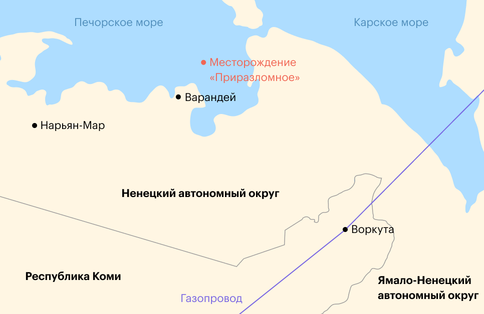 Географическое расположение платформы, которая находится в 60&nbsp;км от берега, на шельфе Карского моря. Источник: «Газпром»