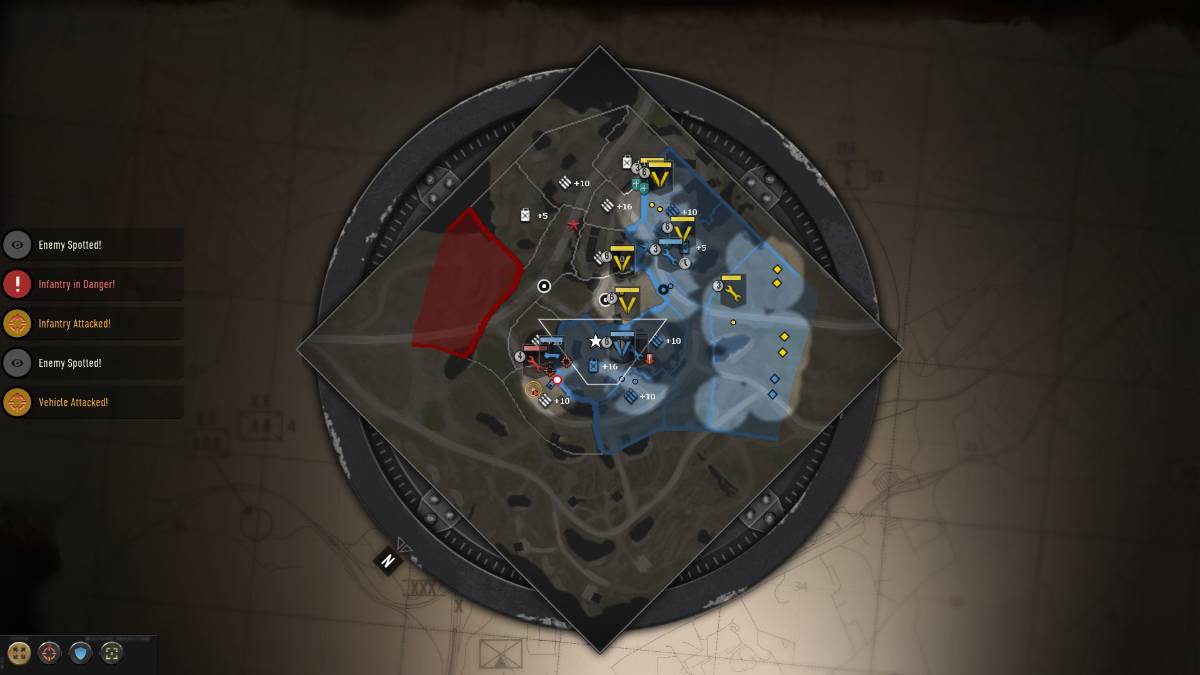 Увеличенная мини-карта боя, где за врагов и союзников играет искусственный интеллект. Справа — моя и дружественные базы. Слева — вражеский лагерь, скрытый туманом войны. Карта поделена на области, в центре каждой из них — ресурсные контрольные точки. Победные точки обозначены звездочками