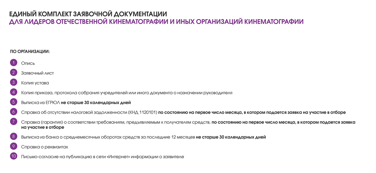 Документов требуется действительно много — это список только для&nbsp;организации, которая подает заявку на грант. Источник: fond-kino.ru