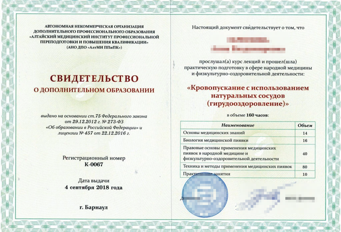 Свидетельство о дополнительном образовании образец