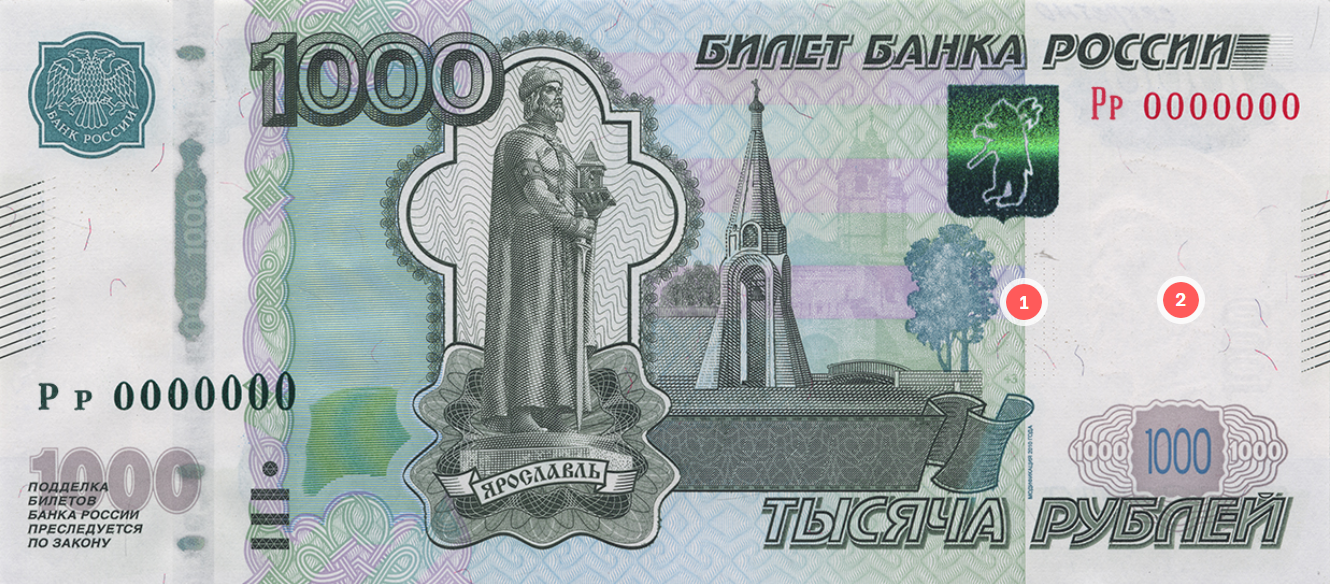 Лицевая сторона: 1 — место с перфорацией, 2 — место с водяным знаком. © cbr.ru