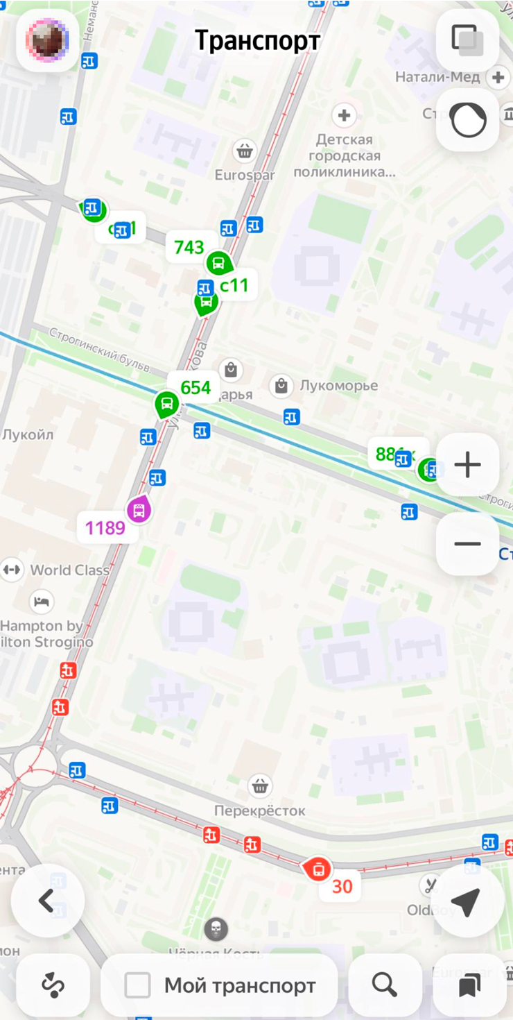 Движущийся транспорт в «Яндекс Картах» обозначили разными цветами: маршрутки — фиолетовым, автобусы — зеленым, трамваи — красным