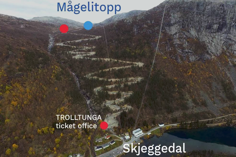 Skjeggedal P2 — стартовая точка перед восхождением. Выше по серпантину — Mågelitopp P3, откуда начинается горная тропа к Языку Тролля. Источник: trolltunganorway.com