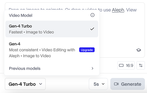 Выбор модели. Gen-4 доступна только по подписке