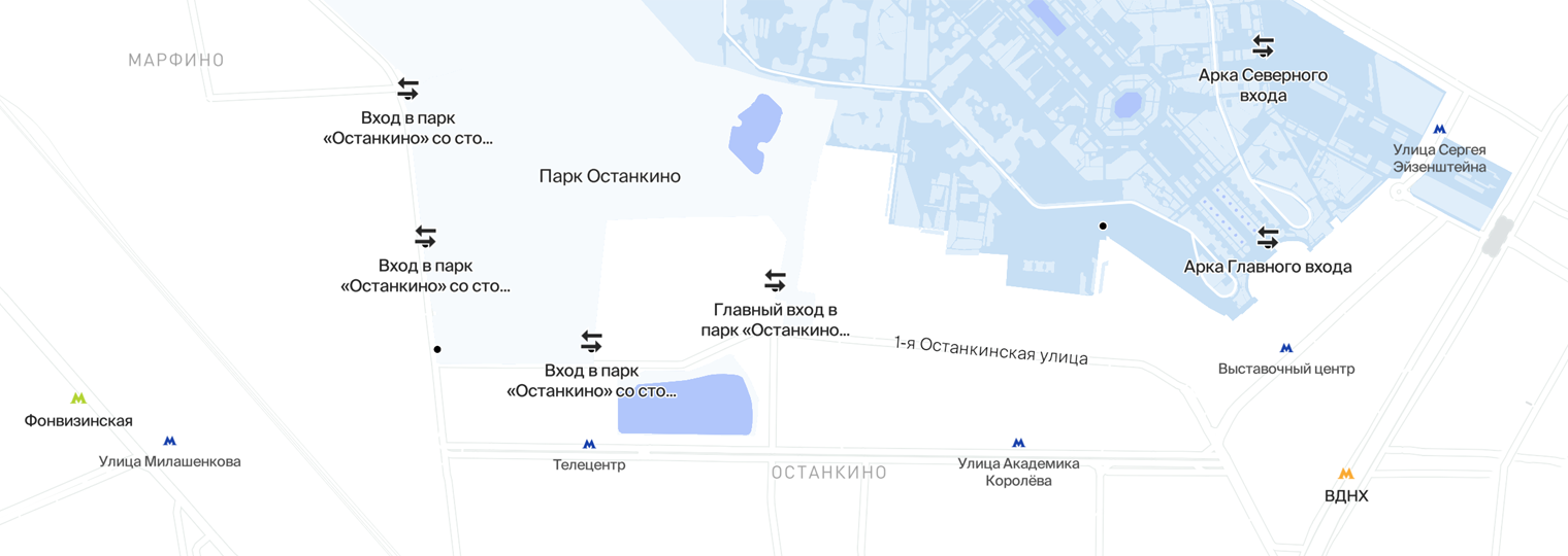 На интерактивной карте отмечены основные входы на выставку и станции метро и монорельса. Источник: vdnh.ru