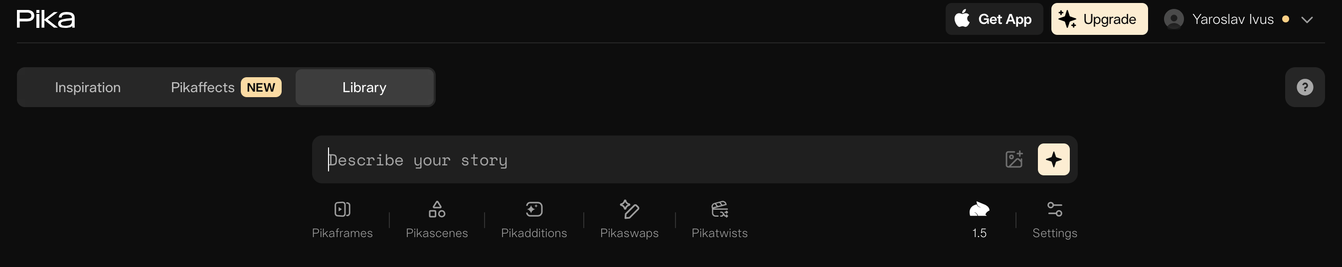 Главная страница Pika. Внизу — поле для ввода запроса, загрузки картинки и выбора эффекта. Других настроек нет