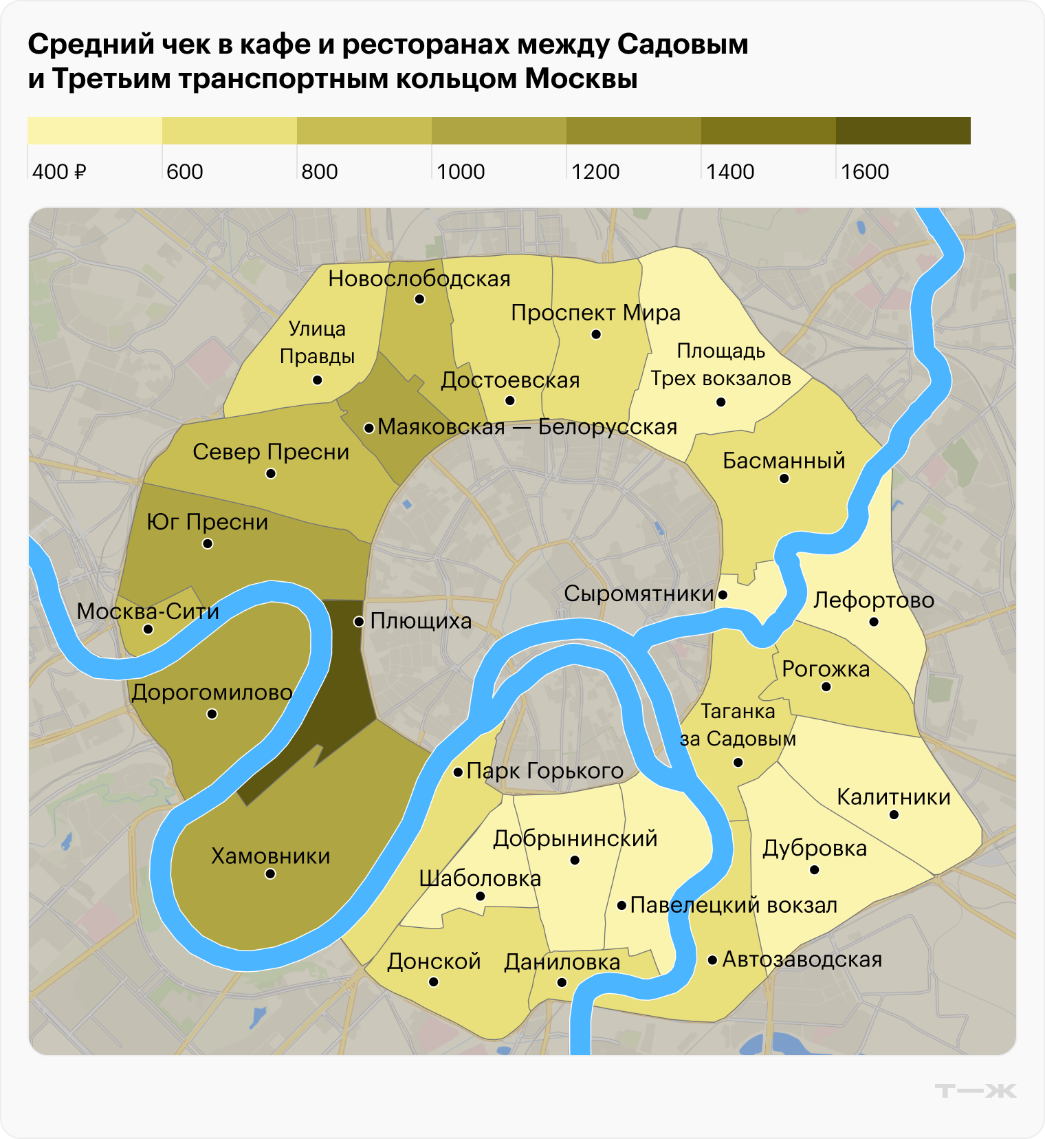 Средний чек в кафе и ресторанах между Садовым и Третьим транспортным кольцом Москвы. Источник: Т-Data