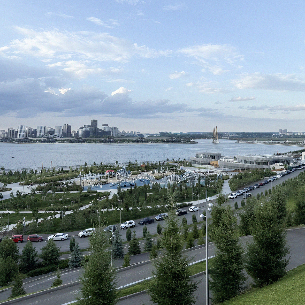 Вид со смотровой площадки на детский парк «Елмай» и набережную реки Казанка