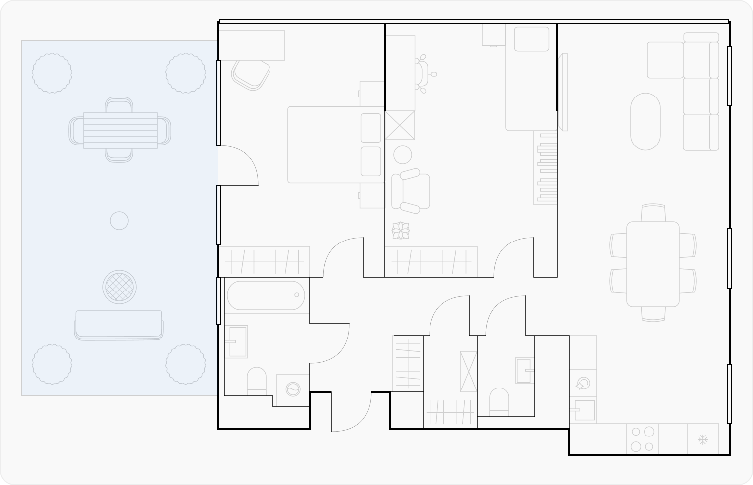 Планировка квартиры с террасой. Собственное открытое пространство позволяет устроить там зону отдыха: можно выйти позагорать или пожарить барбекю. Источник: «Квартал на воде»