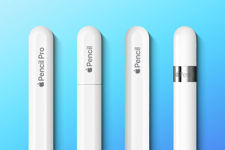 Слева направо: новый продвинутый Apple Pencil Pro, удешевленный Pencil с USB⁠-⁠C, Pencil 2 поколения, Pencil первого поколения с зарядкой Lightning. Источник: 9to5Mac.com