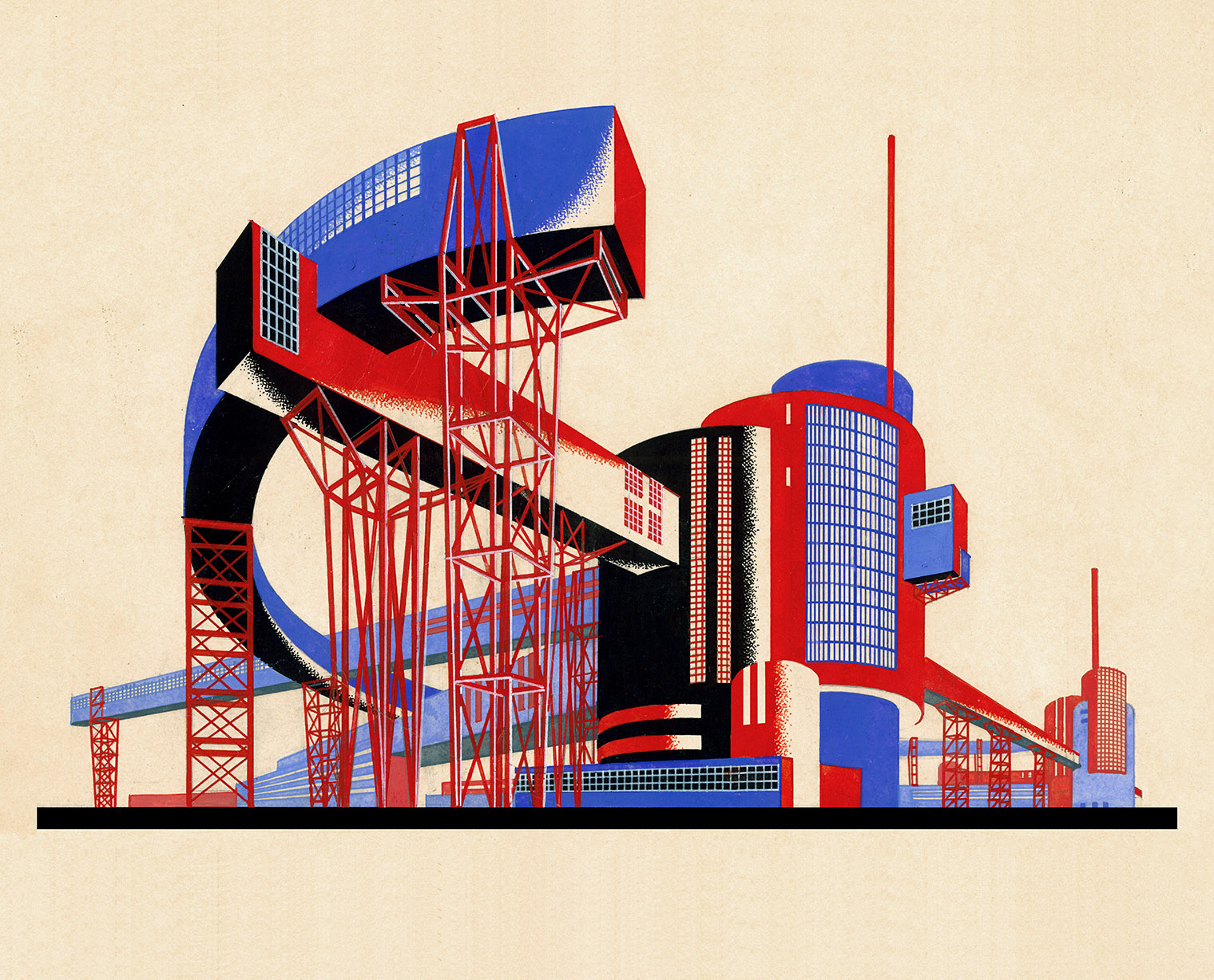 Картина: Яков Чернихов «Фантастическая композиция организации пространства сложных по форме и сочетанию элементов сооружения № 28» из цикла «Архитектурные фантазии»