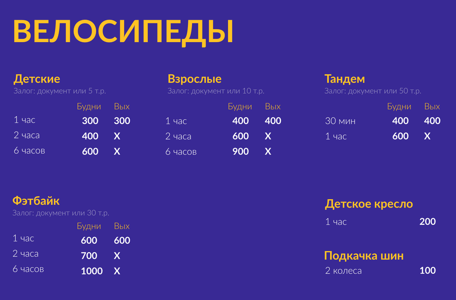 Кроме обычных велосипедов на ВДНХ летом 2023 года можно было взять в аренду велосипед-тандем на двоих за 400⁠—⁠600 ₽ или, например, фэтбайк — горный велосипед с толстыми колесами — за 600⁠—⁠1000 ₽. Источник: kutikatai.ru