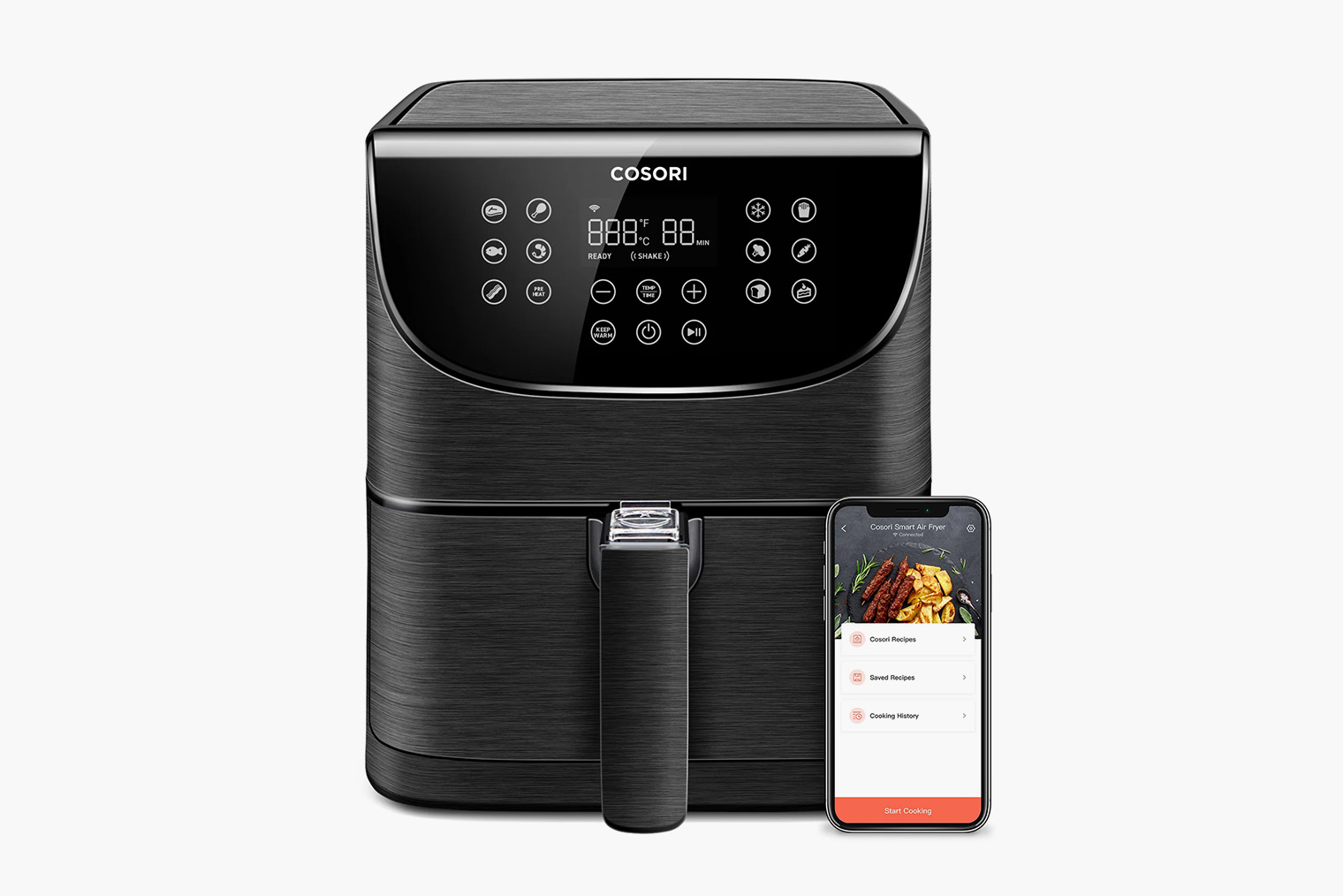 У меня аэрогриль Cosori Smart Airfryer. Он разогревается до 180 °С за 5 минут, а большого объема в 5,5 л хватает, чтобы за раз приготовить ужин на 5—6 человек. В этой статье Т⁠—⁠Ж делал обзор на другие достойные модели аэрогрилей