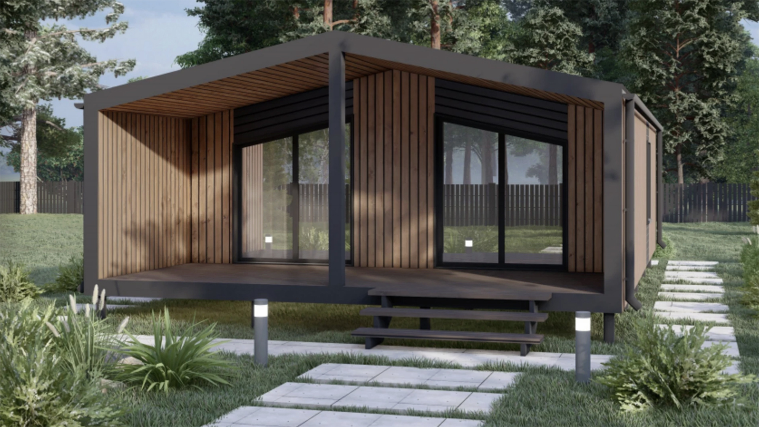 Проект «Барн 65» — это дом в один этаж с общей площадью 54,4 м², в том числе терраса под крышей — 15,3 м². Фундамент из винтовых свай, обшивка тонированной деревянной рейкой. Крыша не описана, но, судя по фото, на кровле металлический профлист цвета RAL7024. © строим.дом.рф