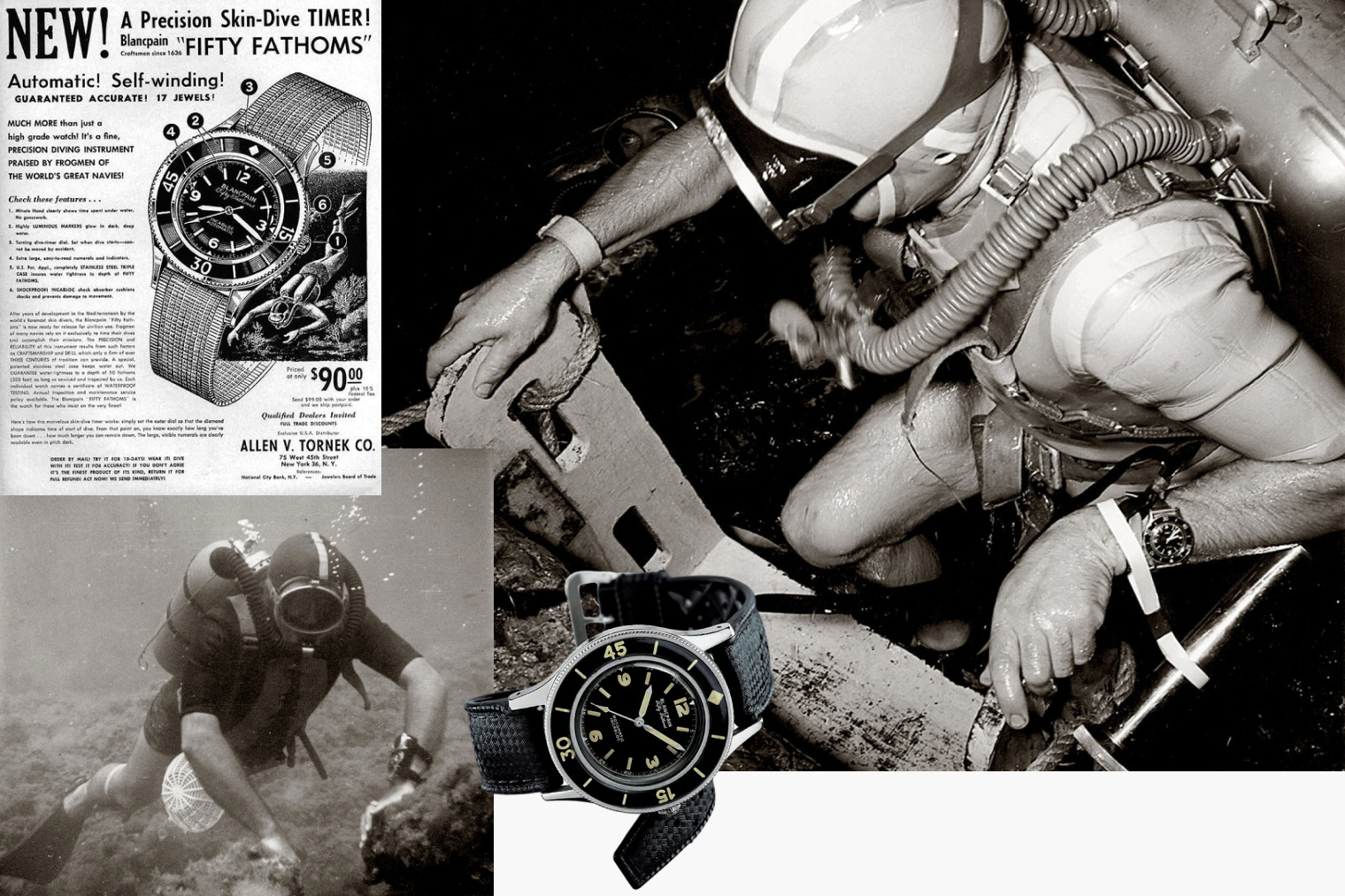 Архивные фотографии Fifty Fathoms: реклама модели из 1950-х; Жан-Жак Фихтер, CEO Blancpain, тестирует прототип модели Fifty Fathoms на юге Франции в 1953 году; оригинальная модель Fifty Fathoms, выпущенная в 1953-м. Капитан Роберт Малубье в часах Fifty Fathoms, 1953. Фотографии: Blancpain