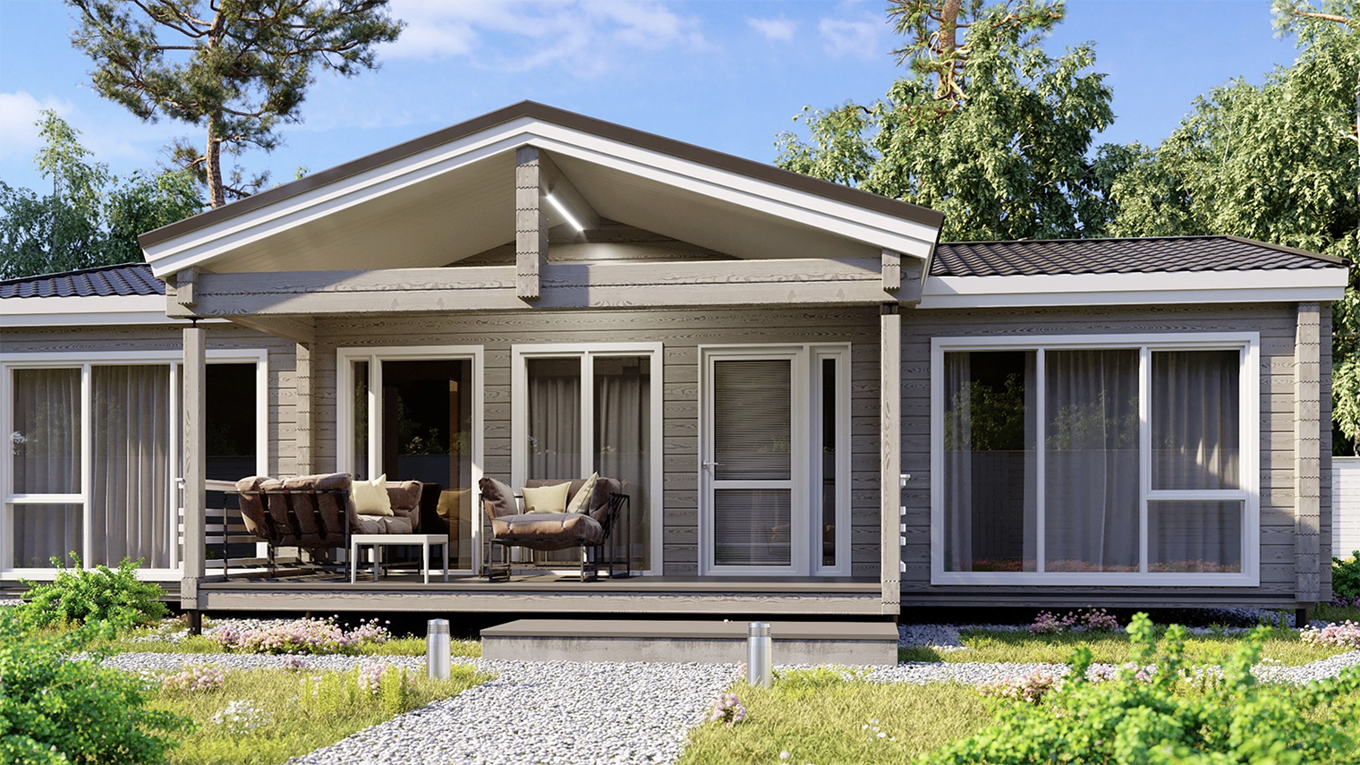 По рендеру видно, что строить предлагают из клееного бруса на фундаменте из винтовых свай. Кровля — металлочерепица. В доме три спальни, гостиная, санузел. Высота потолков — 3 м. © строим.дом.рф