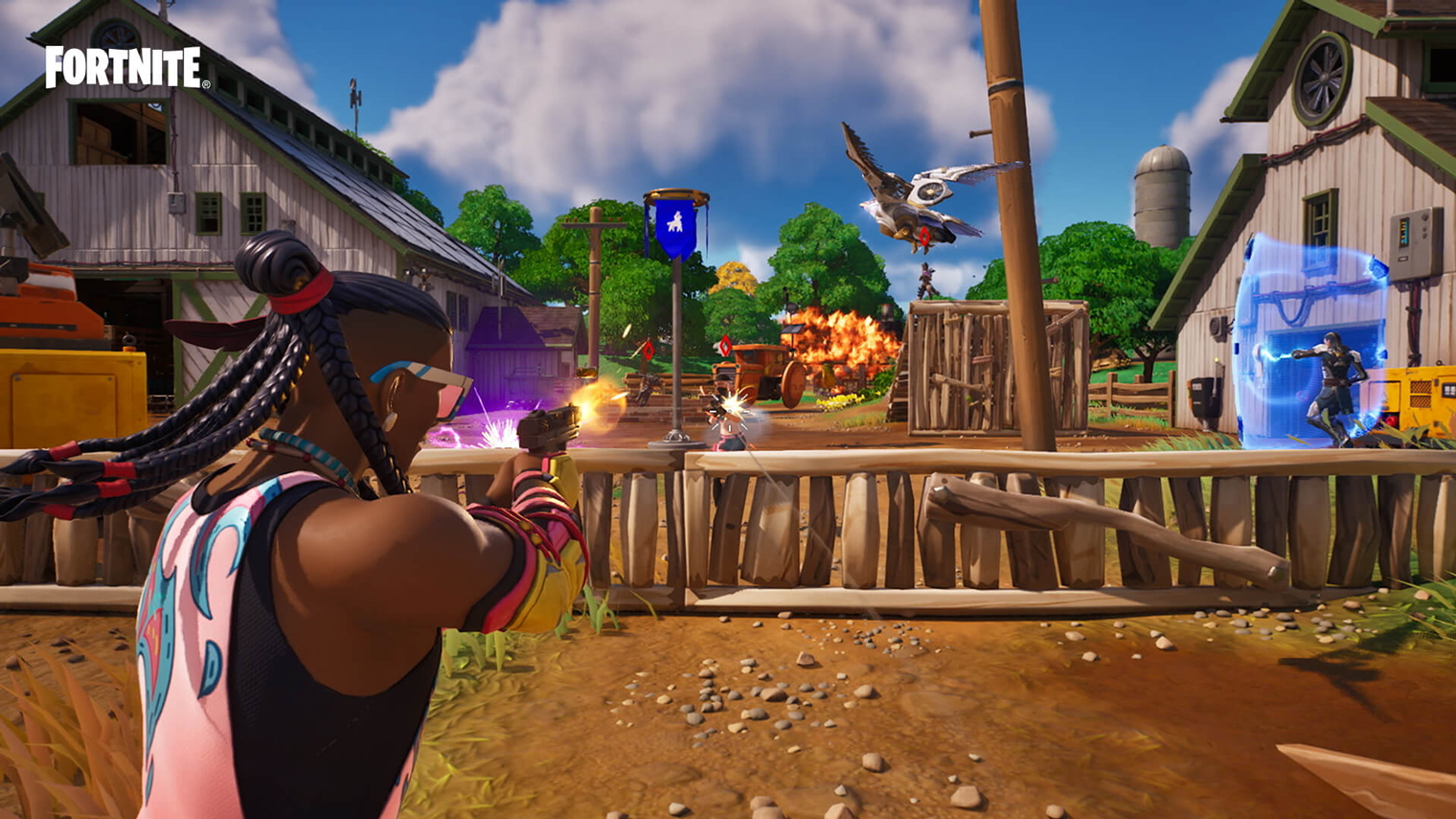 Fortnite — игра от третьего лица. При прицеливании камера приближается к плечам героя. Кадр: Epic Games