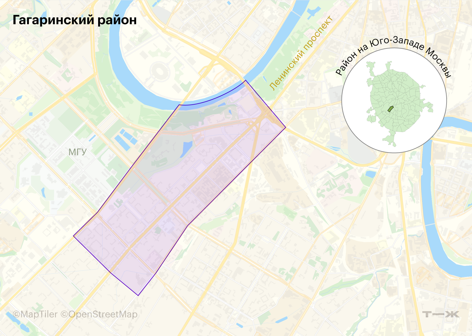 Гагаринский расположен непосредственно за Третьим транспортным кольцом и вытянут от него на юго-запад