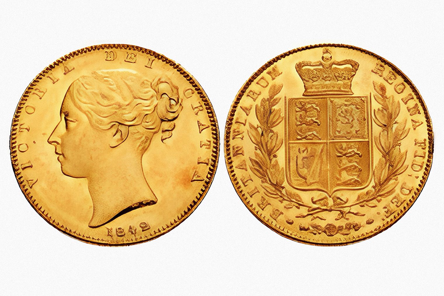 Английская золотая монета — фунт стерлингов 1849 года. Источник: Standard Catalogue of British Coins / Wikipedia