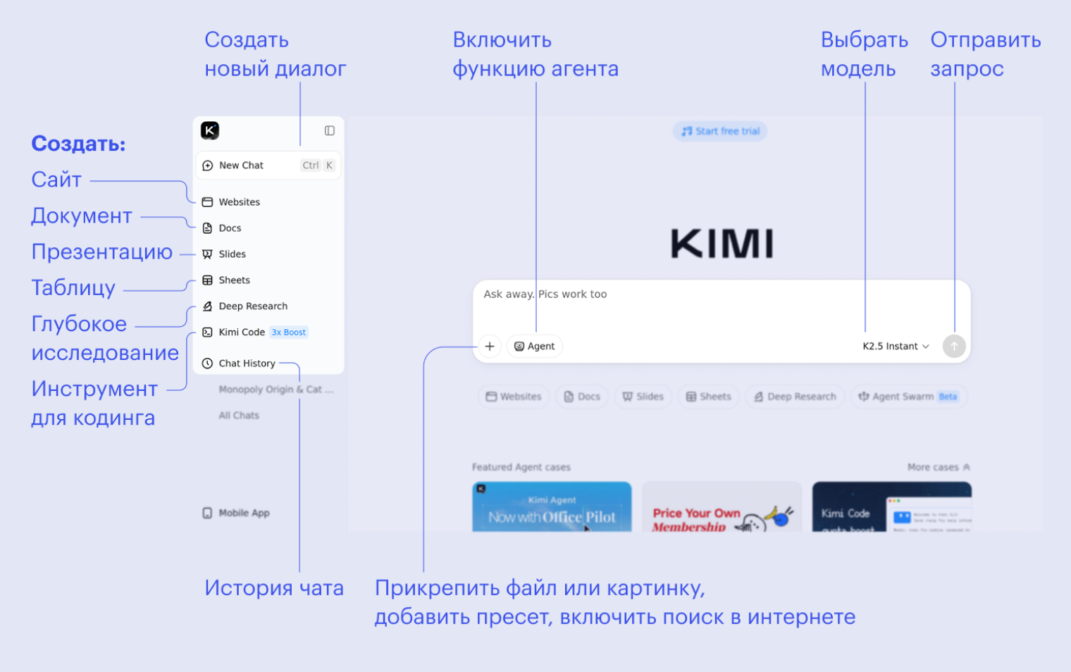 Так выглядит главное меню Kimi