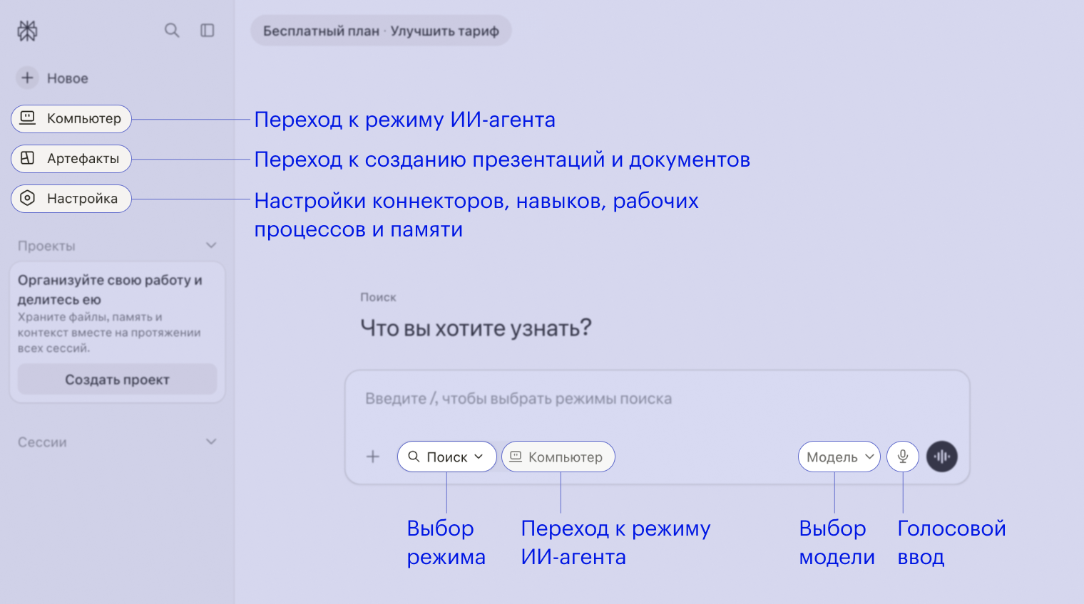 Интерфейсом Perplexity похожа на большинство диалоговых нейросетей: слева — меню, в центре — чат. И да, там есть русский язык