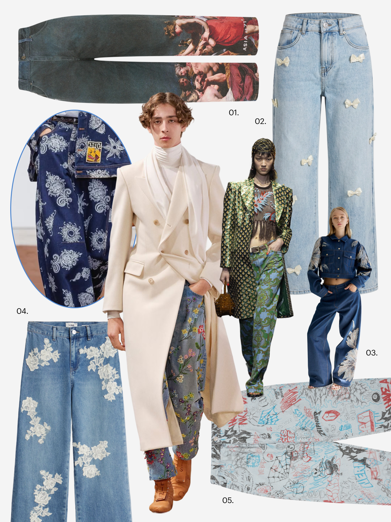 Как показали фешен-шоу Dhruv Kapoor, Celine и Etro, джинсы со сложным декором можно вписать в повседневный гардероб. Что купить: 01 — джинсы Asia st 71, 22 000 ₽; 02 — джинсы «Твое», 3 299 ₽; 03 — джинсы Buts8, 28 000 ₽; 04 — джинсы Lime, 6 999 ₽; 05 — джинсы Ripndip, 13 190 ₽