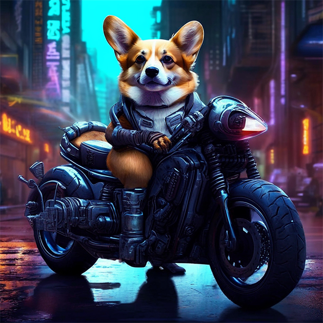 Корги на мотоцикле в киберпанк-стиле