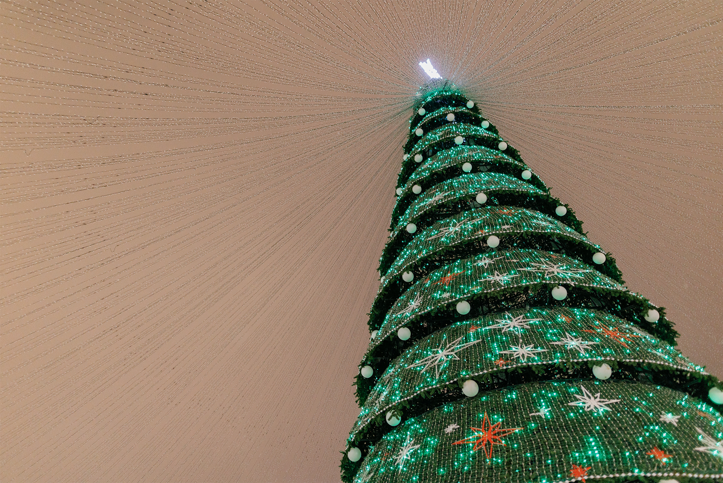 У центра семьи «Казан» установили главную городскую елку. Она искусственная. Ее высота — 35 метров, как 11 этажей. Елка украшена гирляндами и меняет цвета, как на световом шоу