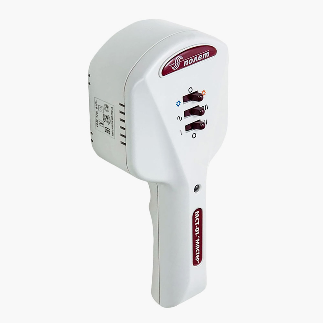 Аппарат «МСТ⁠-⁠01 Мастер» похож на фен и лечит не только низкочастотным магнитным полем, но и синим светом — и то и другое неэффективно. Источник: medkv.ru