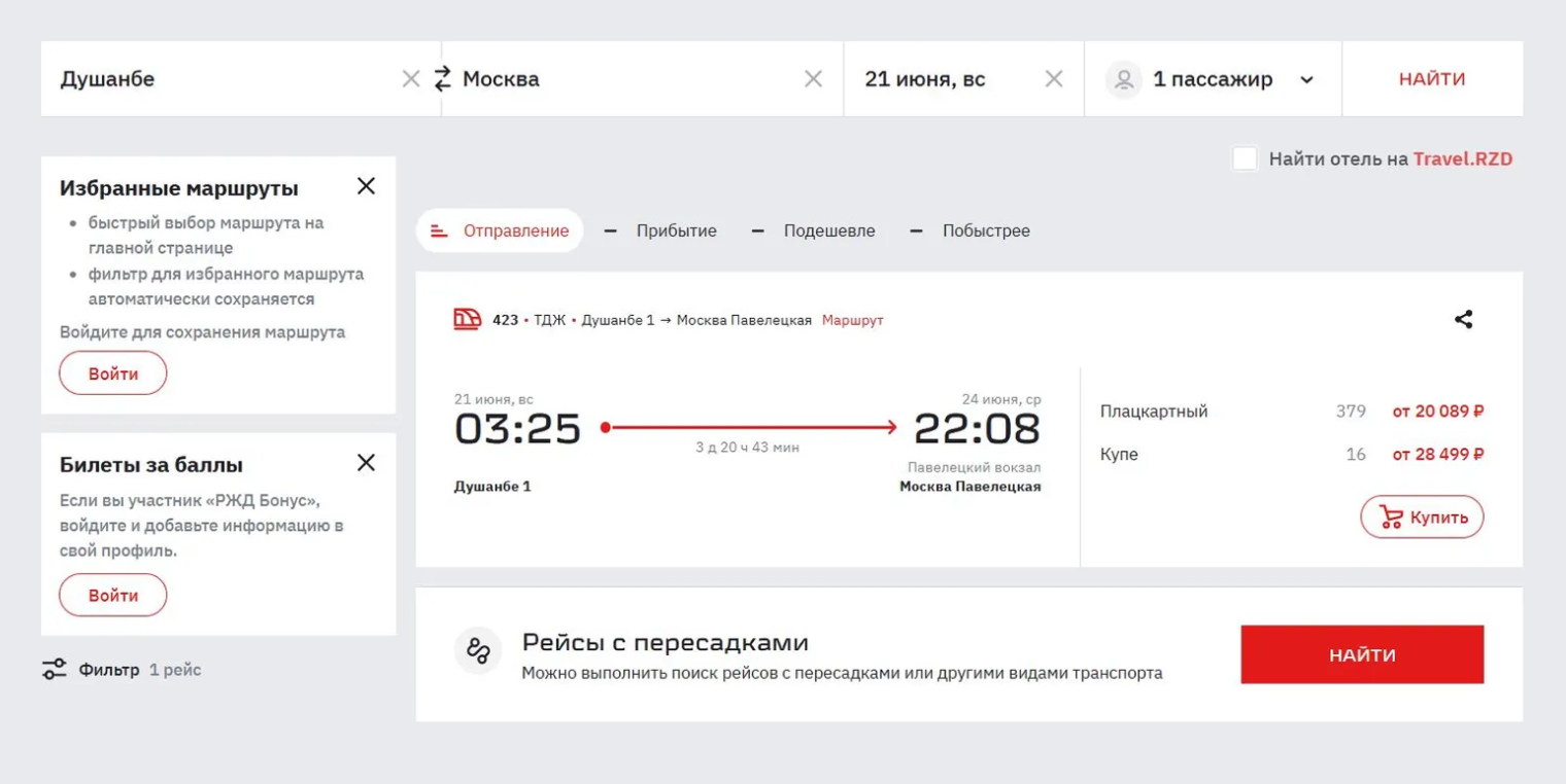 Из Душанбе поезд отправляется в 03:25, в Москву прибывает на Павелецкий вокзал в 22:08. © ticket.rzd.ru