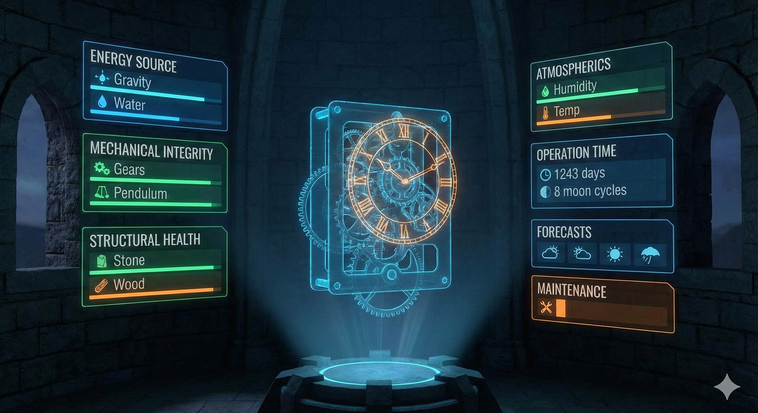 Футуристичный дашборд внутри башенных часов в средневековом городе, отображающий их состояние по ключевым параметрам