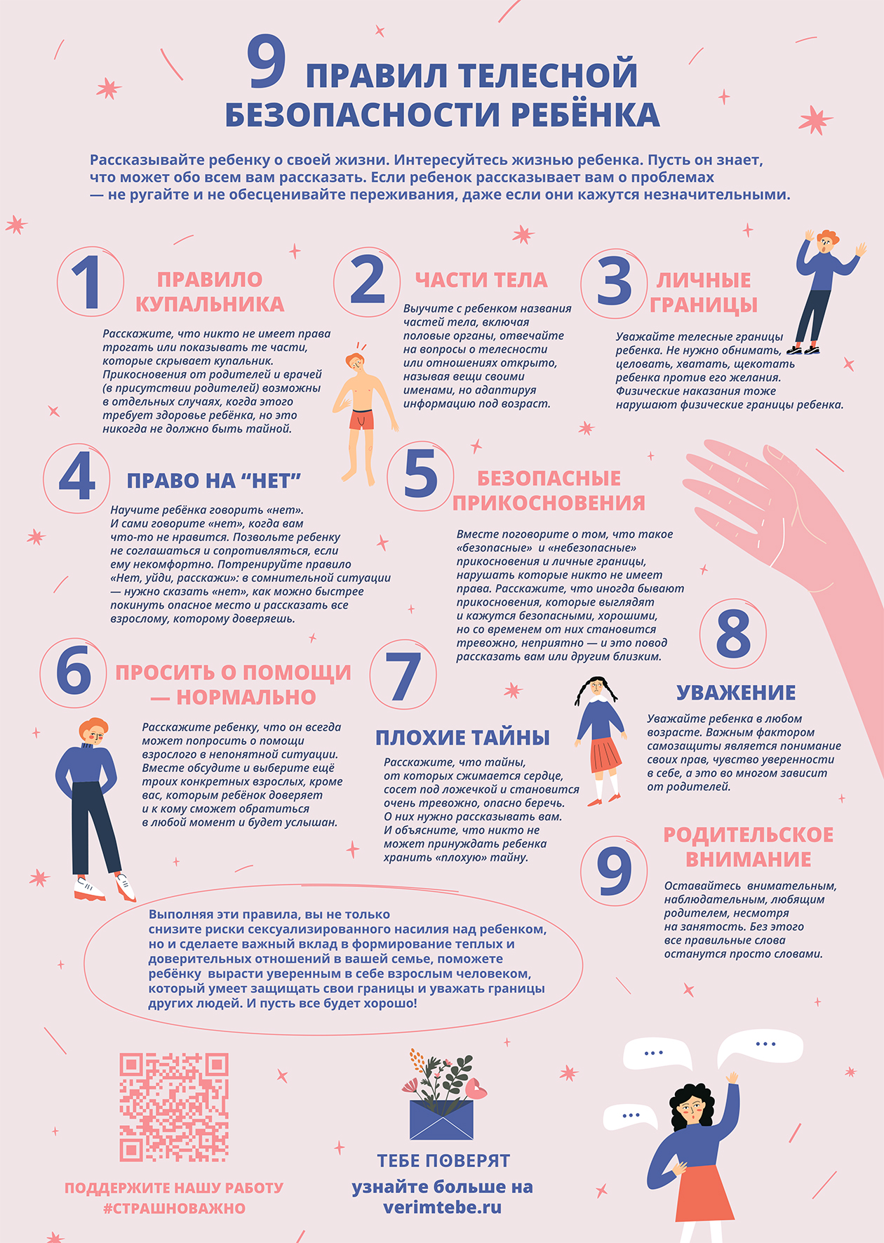 Памятка благотворительной организации «Тебе поверят» о правилах телесной безопасности. Они помогут рассказать ребенку о личных границах, о том, что такое плохие тайны и как безопасные прикосновения могут стать опасными. © verimtebe.ru