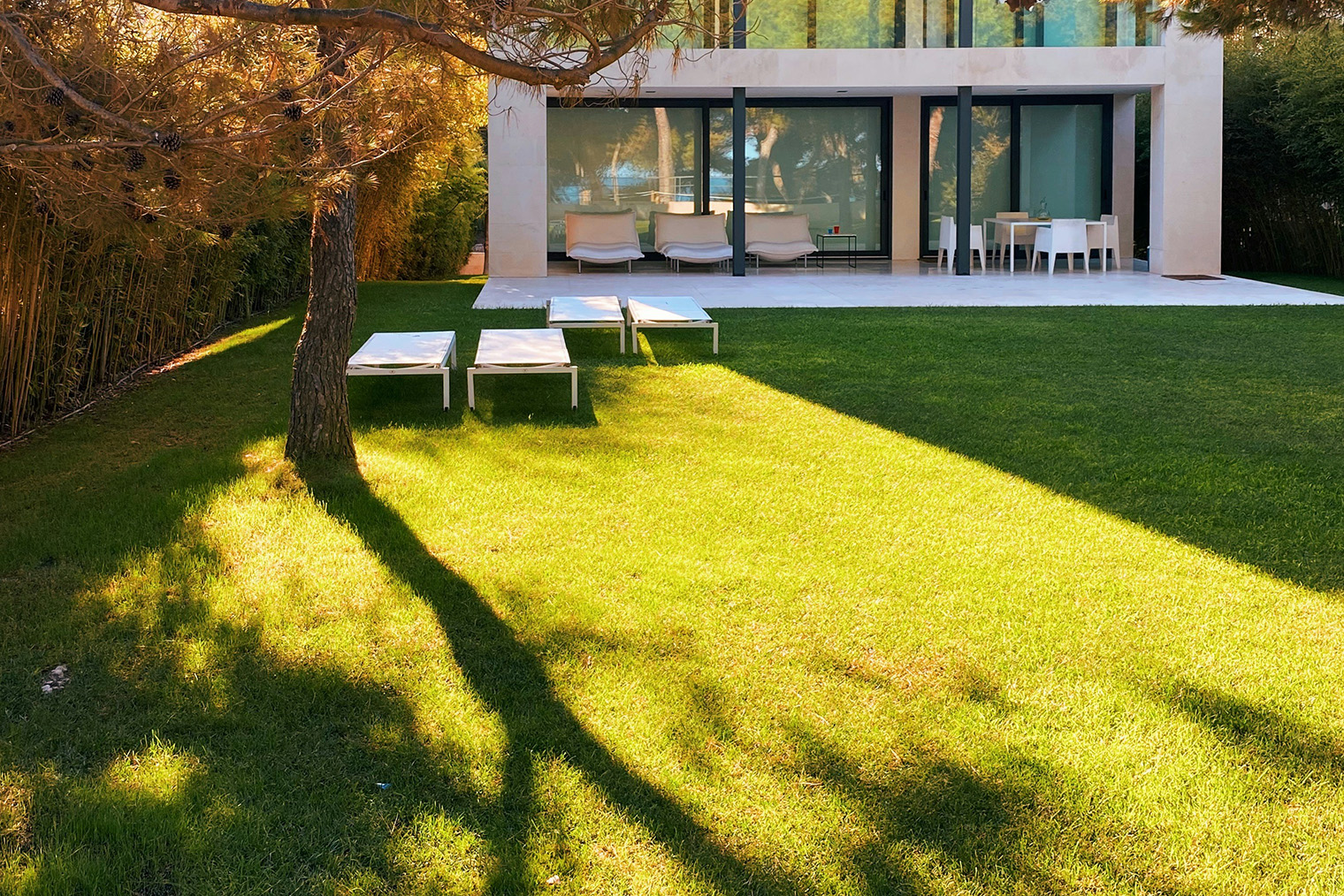 Визуально газон хорошо дополняет здания в стиле минимализм. Такое решение популярное, но не делает участок малоуходным. Фотография: Alejandra Cifre González / Unsplash