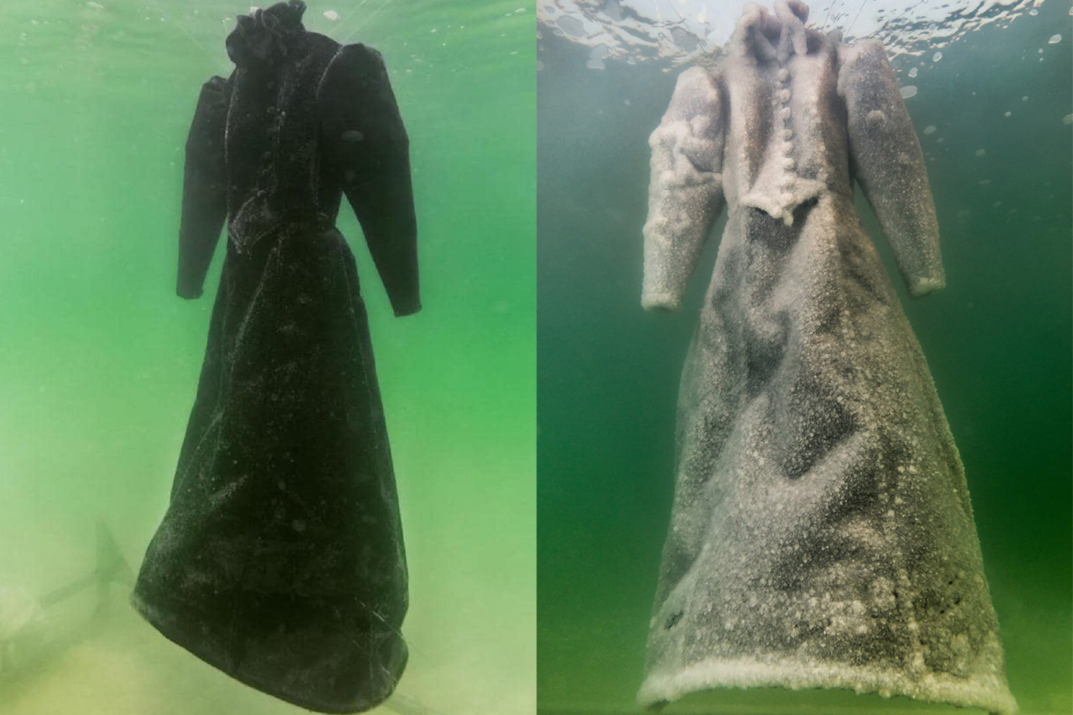 В 2014 году в Мертвое море погрузили длинное черное платье. Через два месяца оно превратилось в сверкающую кристаллическую скульптуру из соли. Источник: Sigalit Landau & Marlborough Contemporary