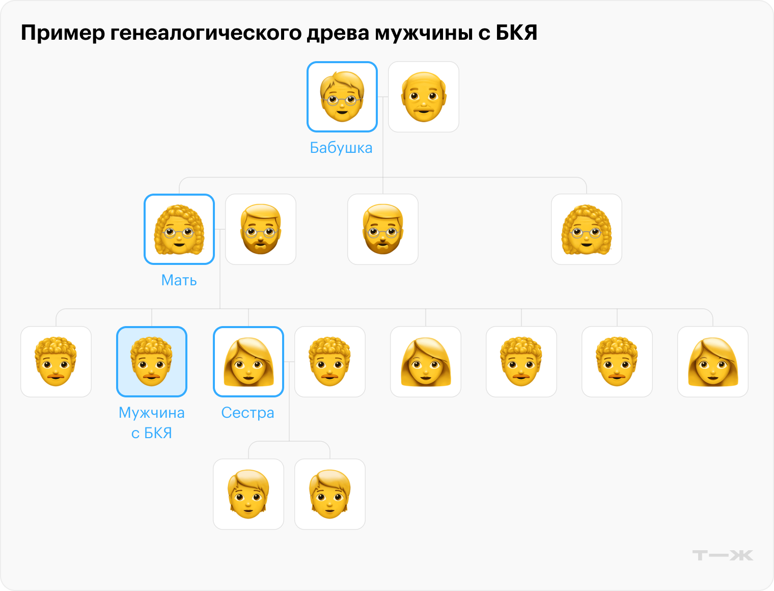 В этой семье мужчина болен БКЯ. Похожие симптомы отмечались и у его родственниц — бабушки, матери и сестры