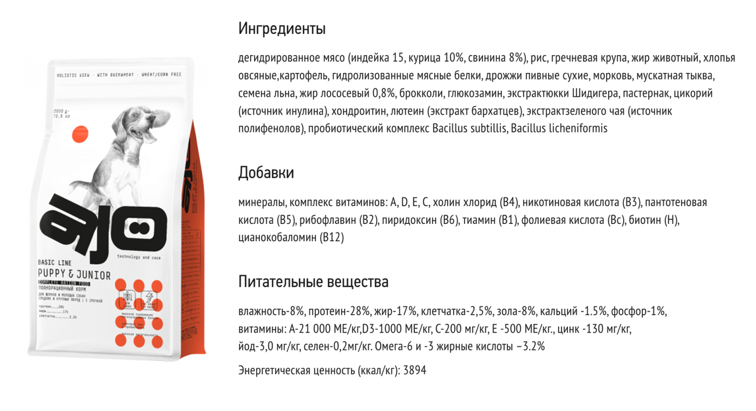 На картинке — список ингредиентов этого корма и информация о том, сколько питательных веществ в нем содержится. Источник: ajo-pet.ru