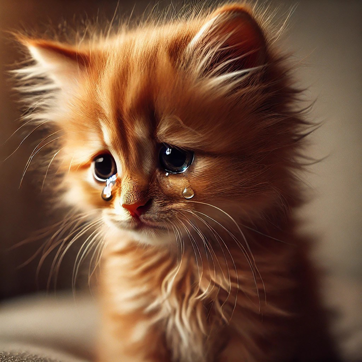 Сгенерированная в Dall⁠-⁠E 3 картинка по запросу «Грустный рыжий котенок плачет»