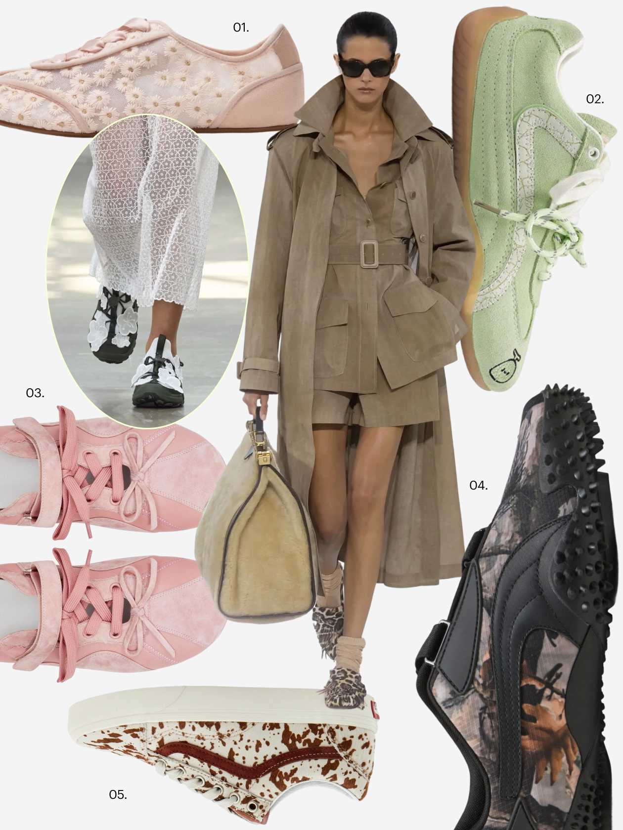 Ermanno Scervino сделали ставку на пестрый принт, Cecilie Bahnsen — на объемный декор. Что купить: 01 — кроссовки Befree, 4 299 ₽; 02 — кроссовки Cat & Sofa, 5 973 ₽; 03 — кроссовки Ekonika, 20 990 ₽; 04 — кроссовки Puma, 17 480 ₽; 05 — кеды Vans, 13 199 ₽
