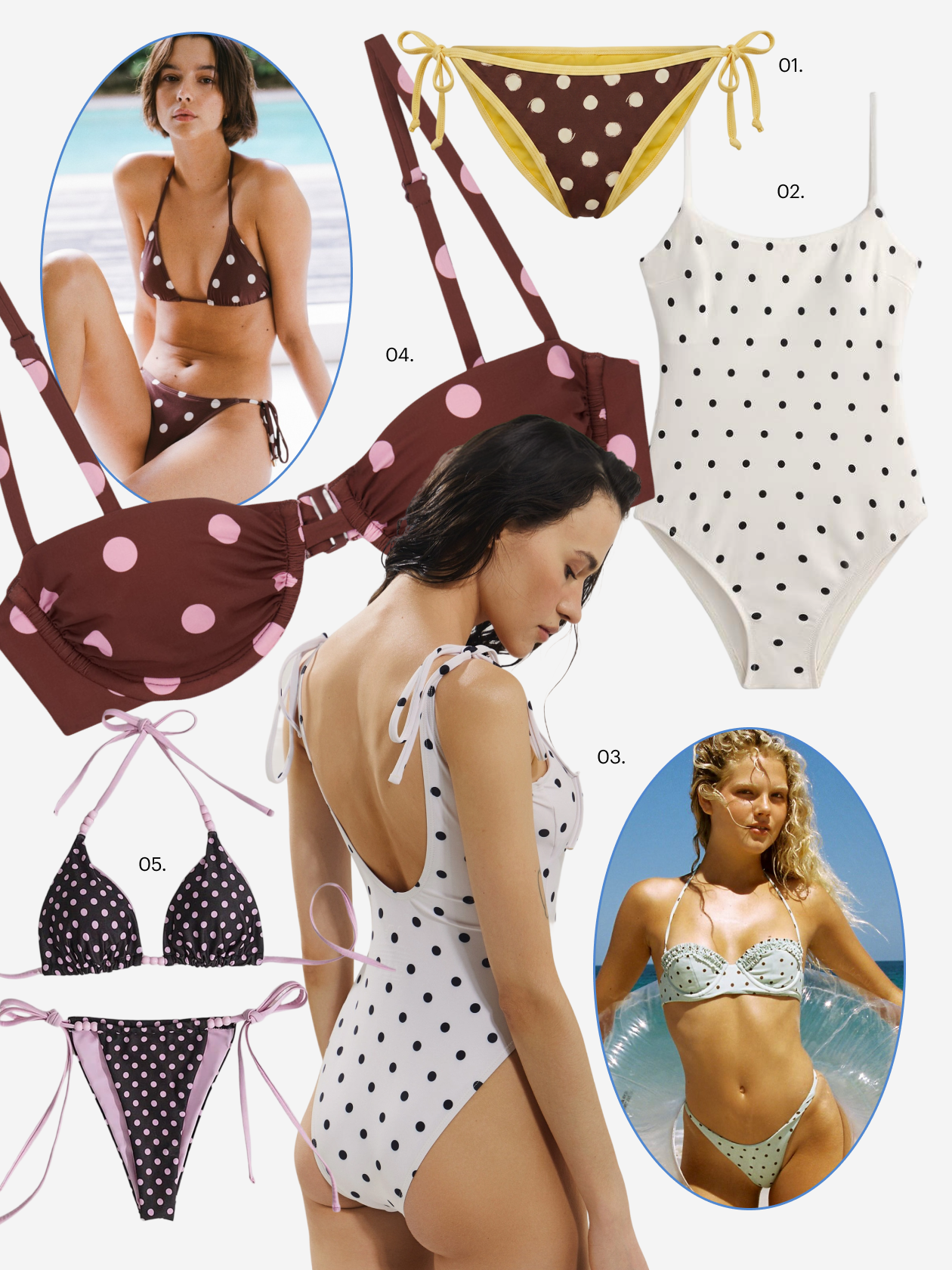 Гороховый принт появился в коллекциях многих брендов, например Peony и Bamba. Что купить: 01 — плавки Sela, 1 599 ₽; 02 — купальник Oysho, 7 155 ₽; 03 — купальник Nume, 2 394 ₽; 04 — лиф Women’ Secret, 4 319 ₽; 05 — купальник Make Me Chic, 4 340 ₽